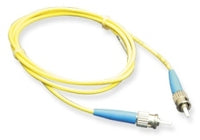 Yellow ST-ST simplex single mode fiber optic patch cable with blue connectors, 1 meter length