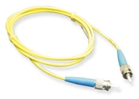 Yellow ST-ST simplex single mode fiber optic patch cable with blue connectors, 10 meters long