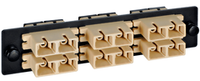 ICC SC fiber optic adapter panel with 6 duplex ports in tan and black housing for structured cabling installations