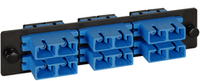 ICC SC ceramic fiber optic adapter panel with 6 duplex blue connectors mounted on black rack bracket