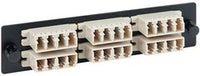LC-LC fiber optic adapter panel with 24 multimode fiber ports mounted on black rack hardware