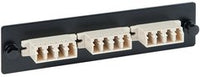 LC-LC fiber optic adapter panel with 12 multimode fiber ports mounted on black rack-mountable frame