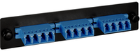 ICC LC ceramic fiber optic adapter panel with 6 duplex ports in blue and black rack mount housing