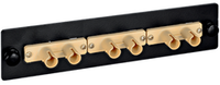 ICC ST multi-mode metal fiber optic adapter panel with 6 simplex ports mounted on black rack rail