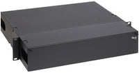 ICC 6 panel fiber optic rack mount enclosure with 2 RU height, gray steel construction, front-facing cable ports