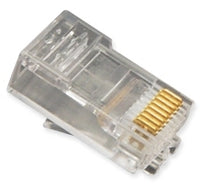 Clear modular Cat5e connectors with gold-plated pins for round stranded network cables, 100-pack bulk networking hardware