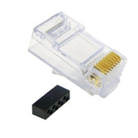 Cat 6 RJ45 modular plugs 100-pack showing transparent connector bodies with gold contacts and black strain relief boot