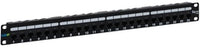 24-port Cat6A 10G patch panel with black metal frame and labeled port slots for structured cabling rack installation