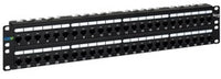 ICC CAT6A 48-port patch panel with dual RMS in black, wall-mounted networking hardware