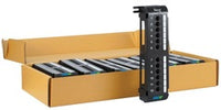 Cat5e 12 port vertical patch panel 6-pack showing wooden boxes with black patch panel units and cable management rails
