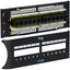 ICC Cat 6 12 port front access patch panel with yellow and blue cable management strips mounted in black rack frame