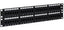 Black 48-port Cat 6 feedthru patch panel mounted in 2U rack space, front view showing all ports