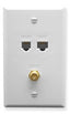 White wall plate with dual RJ-45 CAT 5E ports, RJ-11 6P6C port, and F-Type coaxial connector for structured cabling