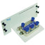 ICC 2 GHz coaxial cable video splitter with blue 1x4 module and mounting hardware on white base