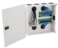 ICC 14 Net Media Center with open hinged door displaying internal network modules and blue cabling connections