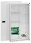 ICC 28 Voice Data Video Net Media Center white wall-mounted cabinet with open door showing internal wiring terminals and org…