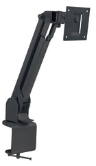 Black articulating desk mount with swing arm holding small flat panel monitor display bracket