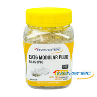 Wavenet CAT6 modular RJ-45 8P8C plug 100-pack in yellow container with gold-plated connectors