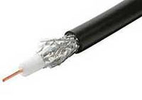 RG6 coaxial cable with bare copper conductor and black jacket, showing stripped end detail