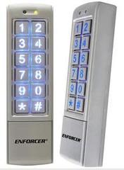 SECO-LARM Enforcer outdoor stand-alone access control keypad with illuminated blue buttons in two viewing angles
