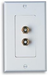 White 1-gang speaker wall plate with two gold-plated binding post connectors for audio cabling installation