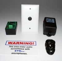 ETS single zone microphone audio surveillance kit components including wall plate, circuit board, power supply, and remote c…