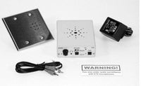 ETS Single Zone 2 Way Audio Surveillance System components including control unit, speaker box, power adapter, and cables