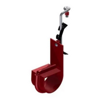 Red cable cradle with black adjustable arm and mounting bracket for network cabling management
