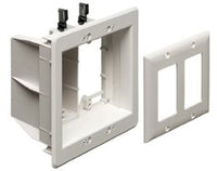Arlington Industries double gang recessed TV box with white faceplate and bracket, showing interior wiring compartment and k…