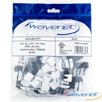 Wavenet Cat5e Keystone Jack 25-pack in black with Keystone and T568A/B wiring specifications