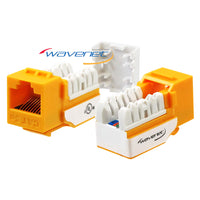 Wavenet Cat5e Keystone Jack in yellow and white showing internal wiring contacts and connector ports for network cabling ins…