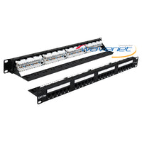 Wavenet Cat5e 24-port patch panel and labeled cable management panel displayed side by side