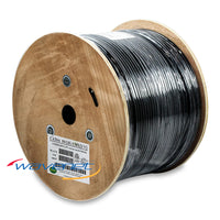 Wooden spool of black CAT6A 10G outdoor CMX UV-rated network cabling cable, 1000 feet
