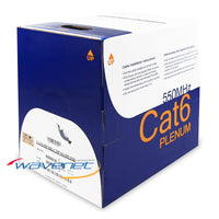 Wavenet Cat6 550MHz UTP Plenum cable box with blue packaging, showing cable spool and installation instructions
