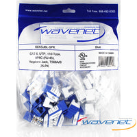 Wavenet 25-pack blue Cat6 keystone jacks with 90-degree connectors in packaging, RJ-45 UTP structured cabling accessories