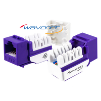 WAVENET Cat 6 Keystone Jack in purple with white strain relief, showing open and closed views of networking hardware