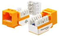 Wavenet Cat 6 yellow keystone jacks with white punch-down modules displayed in packaging and loose configuration