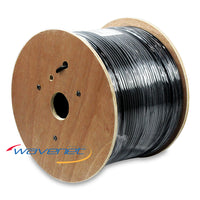 Cat6e direct burial outdoor cable spool on wooden reel with black twisted copper wire, 1000ft networking cable