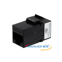 Wavenet Cat6 Keystone Style RJ-45 Feed-Through Coupler in black with white label, featuring connection ports for network cab…