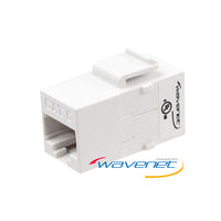 White Cat6 keystone RJ-45 feed-through coupler with Wavenet branding and shielded connector port