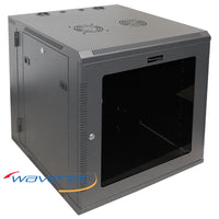 CBTF-WM12U 12U wall mount server cabinet with swing-out double section design, featuring glass front door, ventilation fans,…