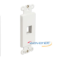 White Decora style 1-port network insert plate with mounting brackets for structured cabling installations