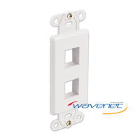 White 2-port Decora style insert with two square openings for network cabling connections and mounting brackets