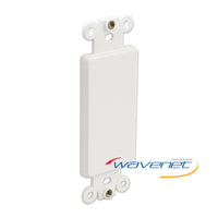 White blank Decora style faceplate with mounting brackets and screw holes for structured cabling installations