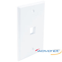 White single gang flush style network faceplate with one port opening and mounting holes for structured cabling installation