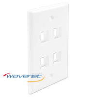 White flush style single gang faceplate with four rectangular port openings for network cabling installation