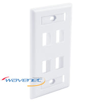 White 4-port single-gang flush faceplate with ID windows and mounting holes for network cabling installation