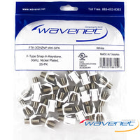 25-pack of white Wavenet F-Type snap-in keystones, 3GHz nickel plated connectors for structured cabling installations
