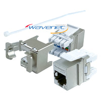 HD-6AKSJ-FTP Cat6 180-degree FTP shielded keystone jack connector with installation tool and component breakdown