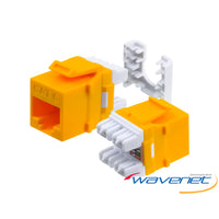Yellow Cat6 keystone jacks with white connector modules and internal wiring shown, featuring Wavenet branding